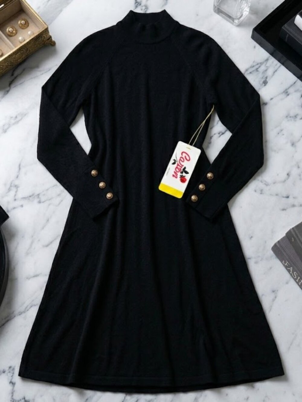 Caron vintage 70’s NWT black mock neck wool long sleeve A-line pleated dress, 14